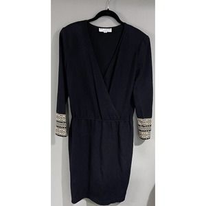 St John Evening Santana Knit Black Faux Wrap Dress USA 12 Gold Detail Fancy
